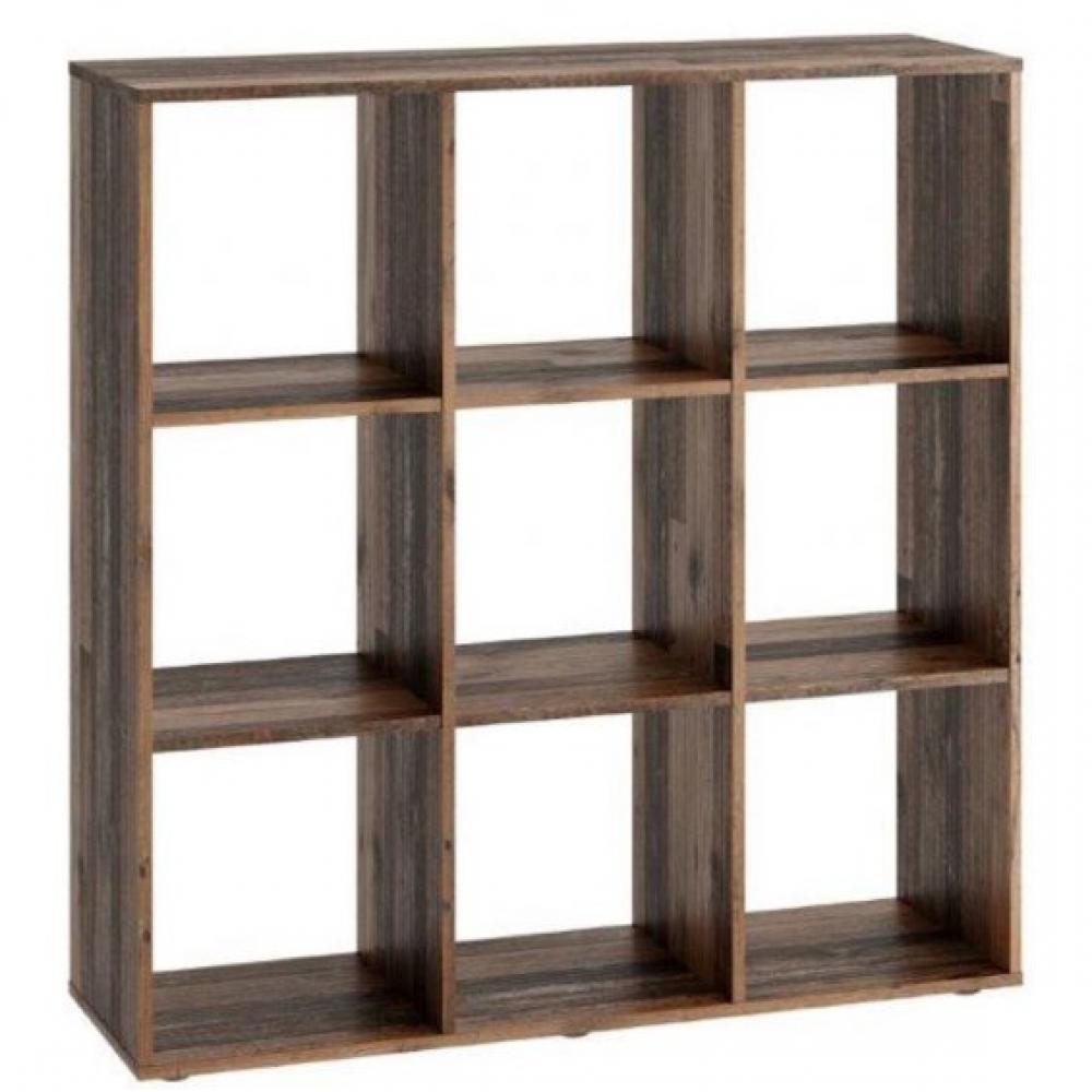Bibliothèque design carrée MONTPELLIER coloris bois vieilli old style foncé 2 plateaux fixes 9 casiers
